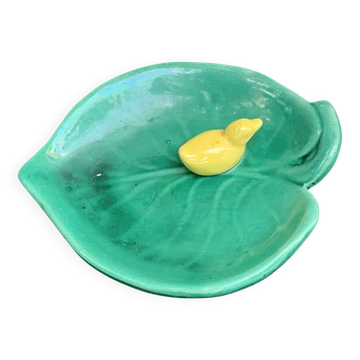 Empty pocket, duck soap dish on green barbotine leaf vintage