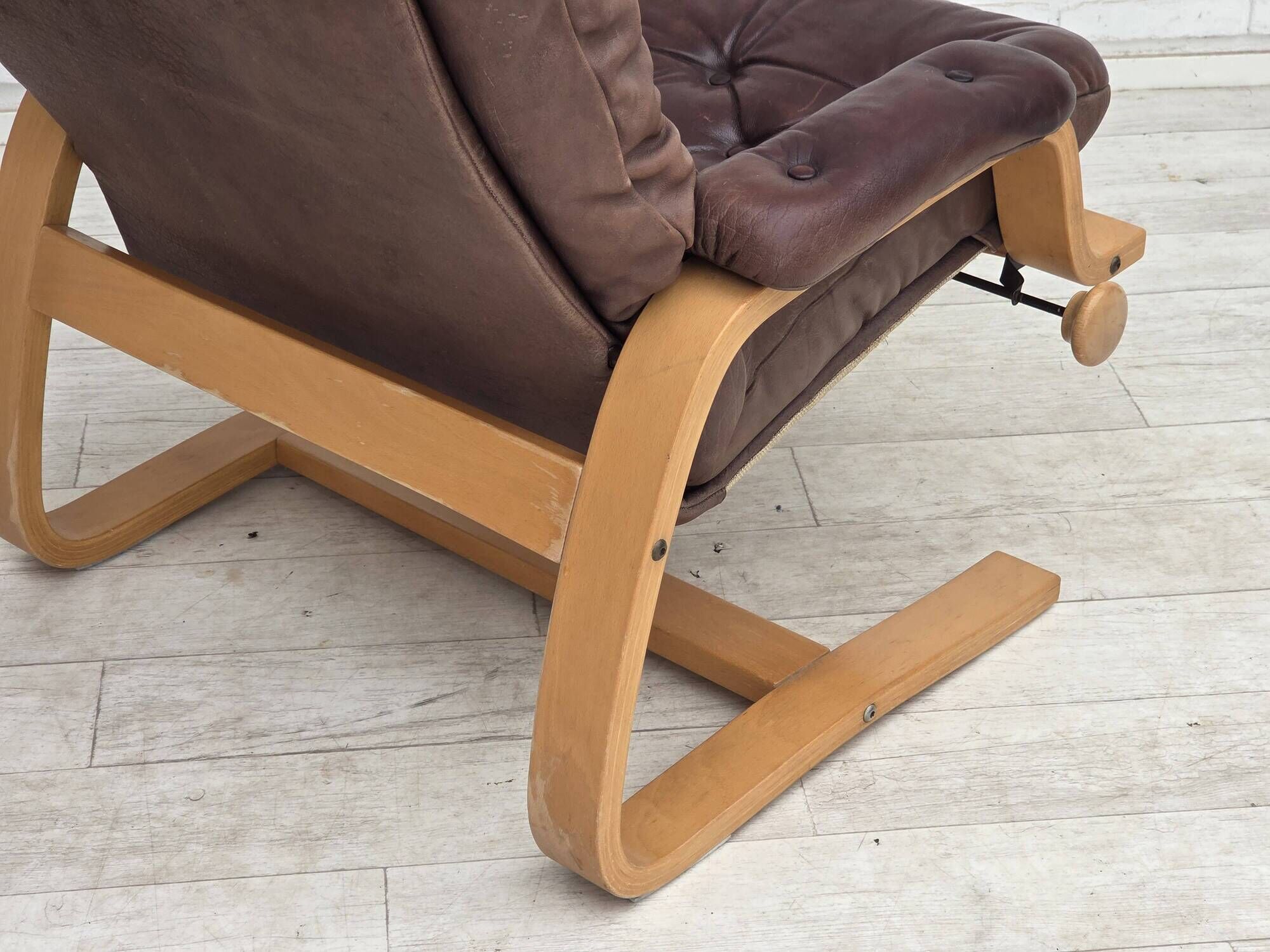 1970s, Scandinavian adjustable armchair, furniture leather, bentwood.