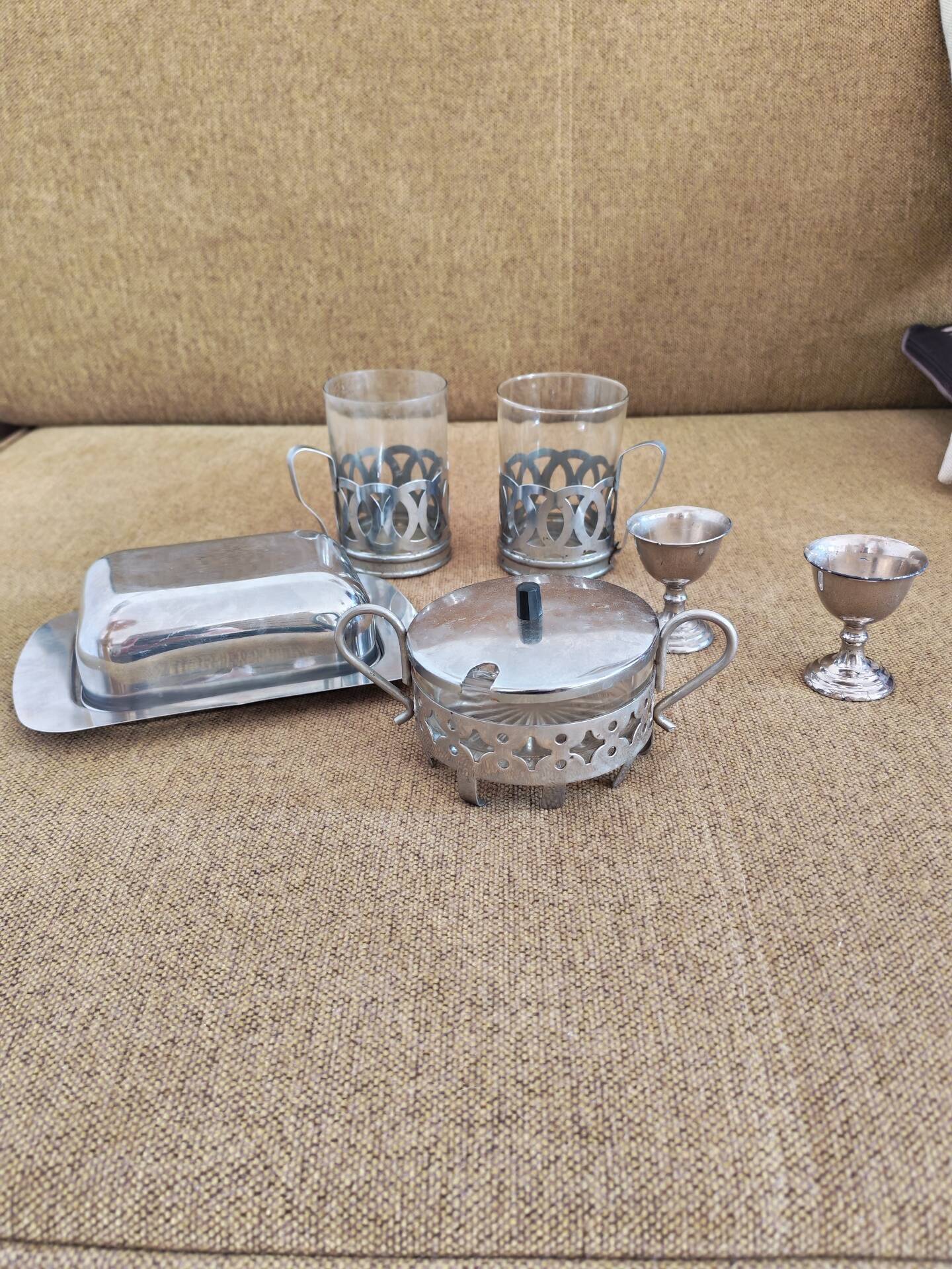 Vintage glass and silver metal breakfast set