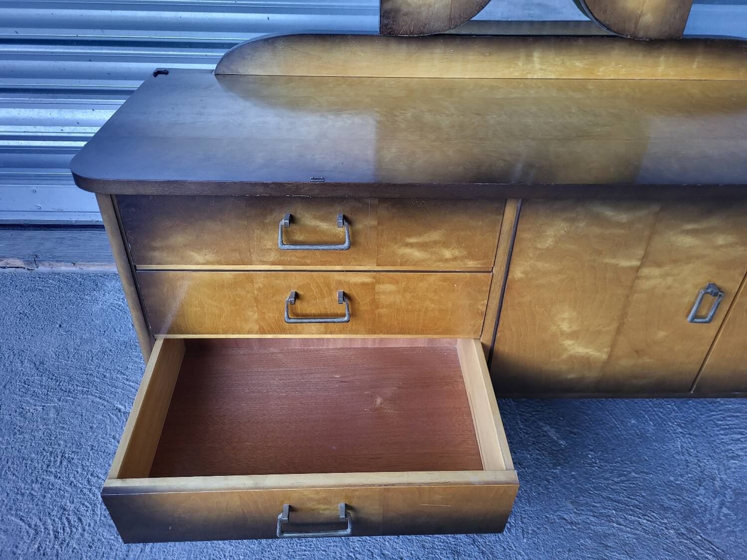 Vintage Scandinavian style dressing table, chest of drawers, triptych mirror and bedside table