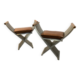 Pair of curule chairs designed by John Vesey, 1958, USA, brushed aluminum, walnut and leather
