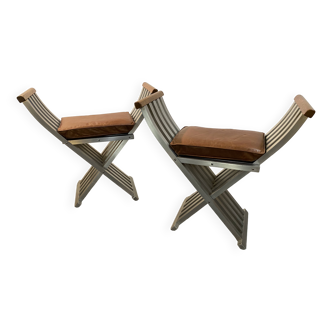 Pair of curules designed by John Vesey, 1958 USA, brushed aluminum, walnut and leather
