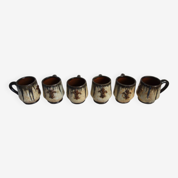 Set of 6 stoneware mugs signed Losson, Belgium, vintage