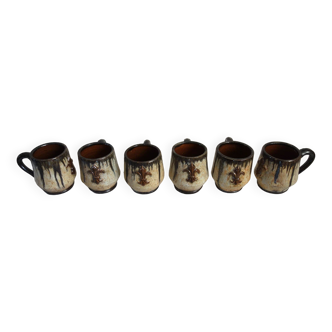 Set of 6 stoneware mugs signed Losson, Belgium, vintage