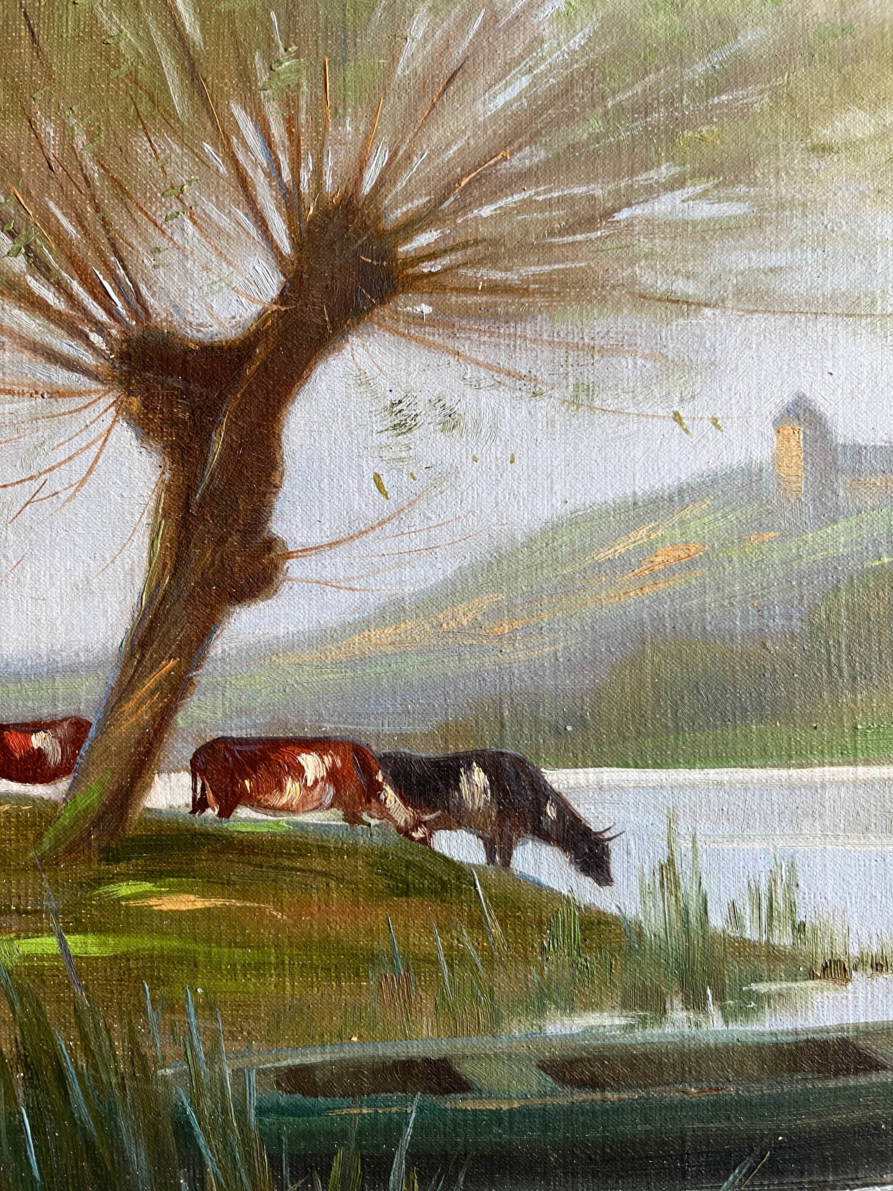 HST painting "Landscape along the water with cows" signed Paul Nicolet (20th century)