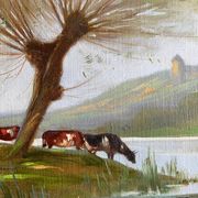 Tableau HST "Landscape by the Water with Cows" signed Paul Nicolet (20th century)