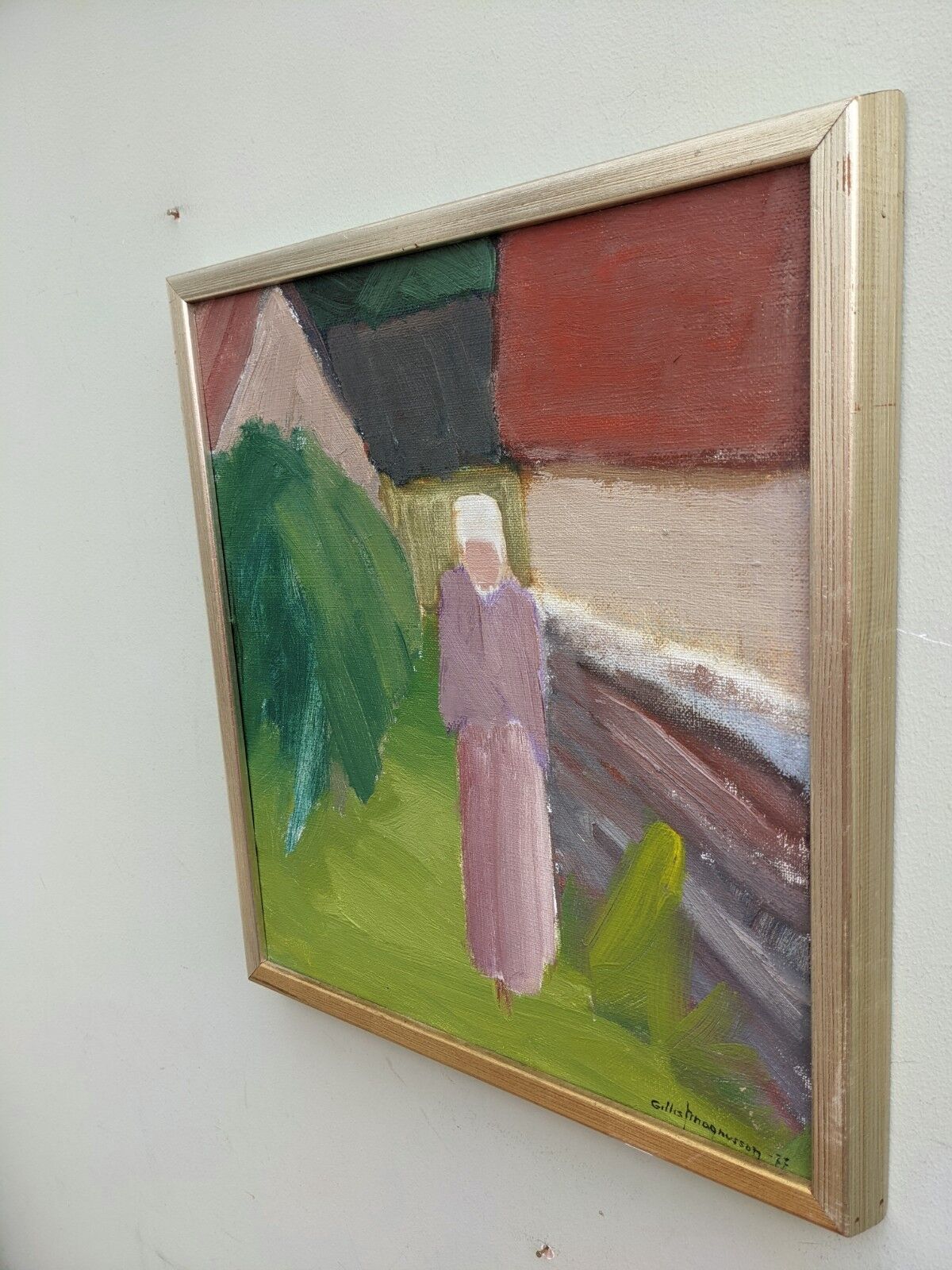 1977 Mid-Century Modern "Pensive Walk" Swedish Figurative Oil Painting, Framed