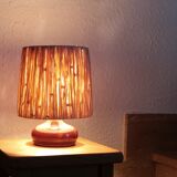 Pink ceramic lamp, raffia lampshade, 70s