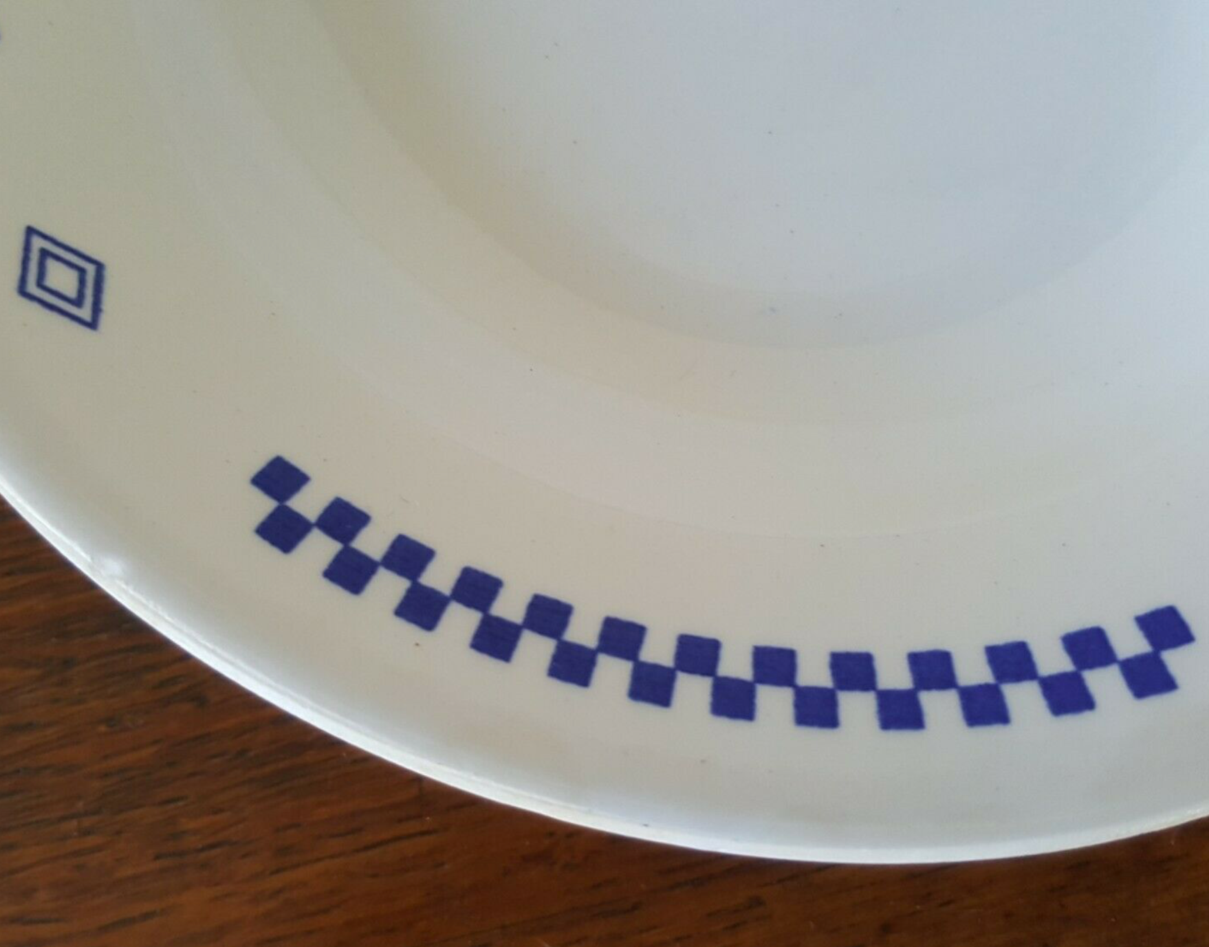 Hollow plates in earthenware Lustucru décor vintage checkerboard blue tiles