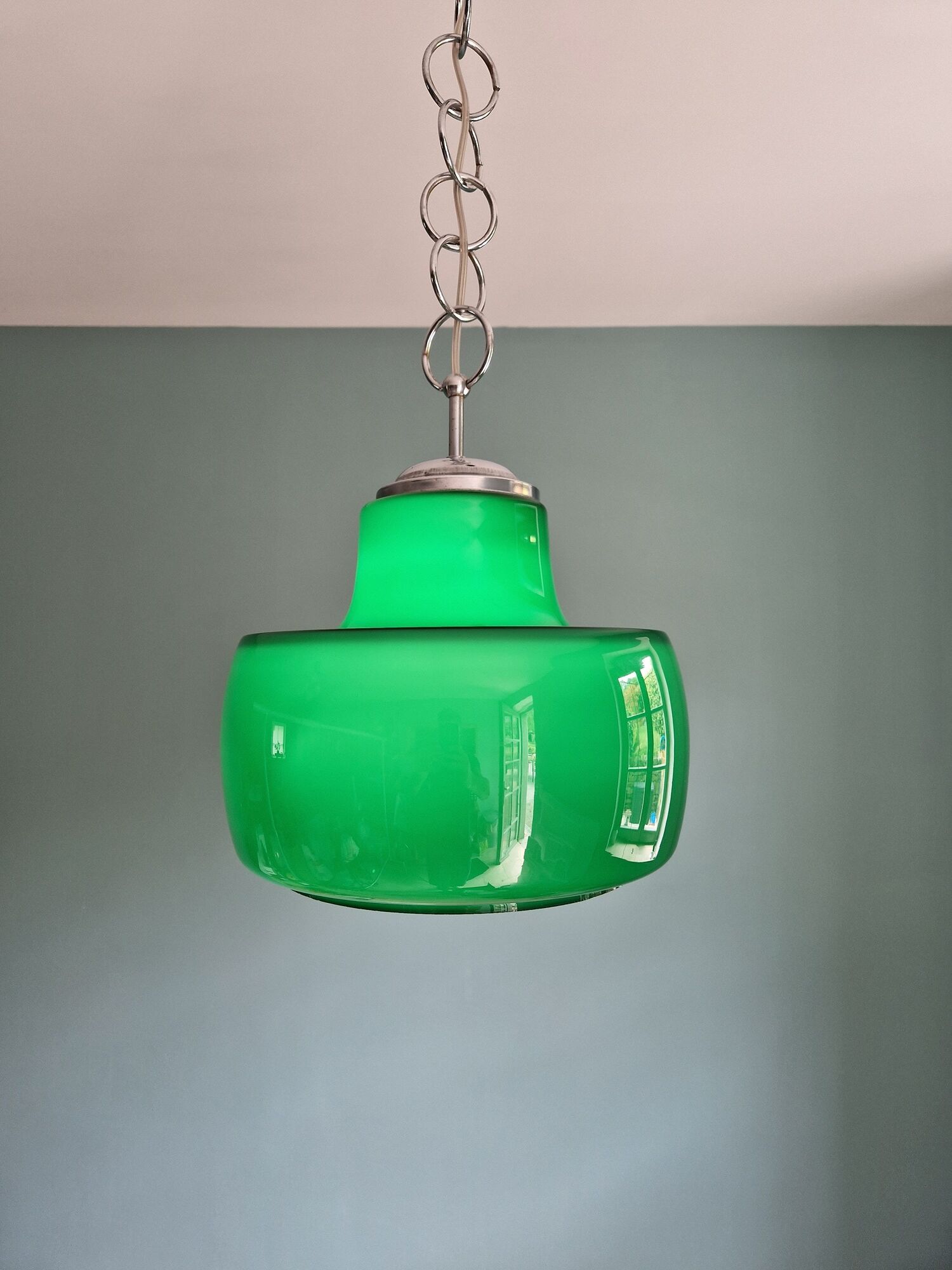 Large vintage pendant lamp in green opaline, 1970s