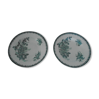 2 Assiettes  terre de fer Sté amandinoise décor vert Margot fleurs  faience ancienne