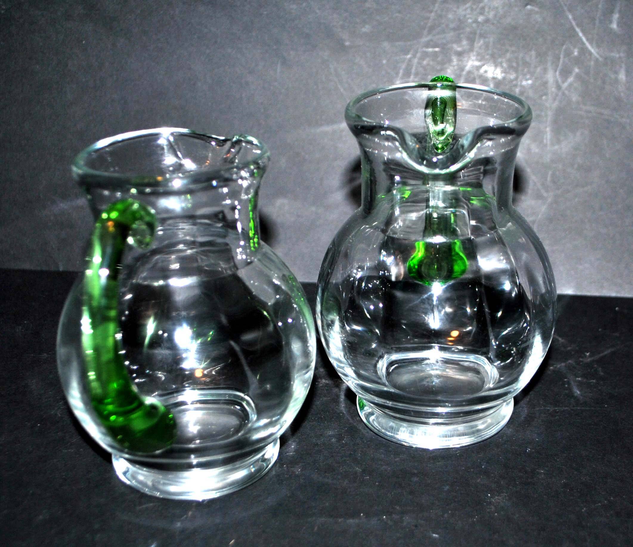 Set of 2 small blown glass wine pitchers - vintage green Alsatian balloon pitcher