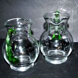 Set of 2 small blown glass wine pitchers - vintage green Alsatian balloon pitcher