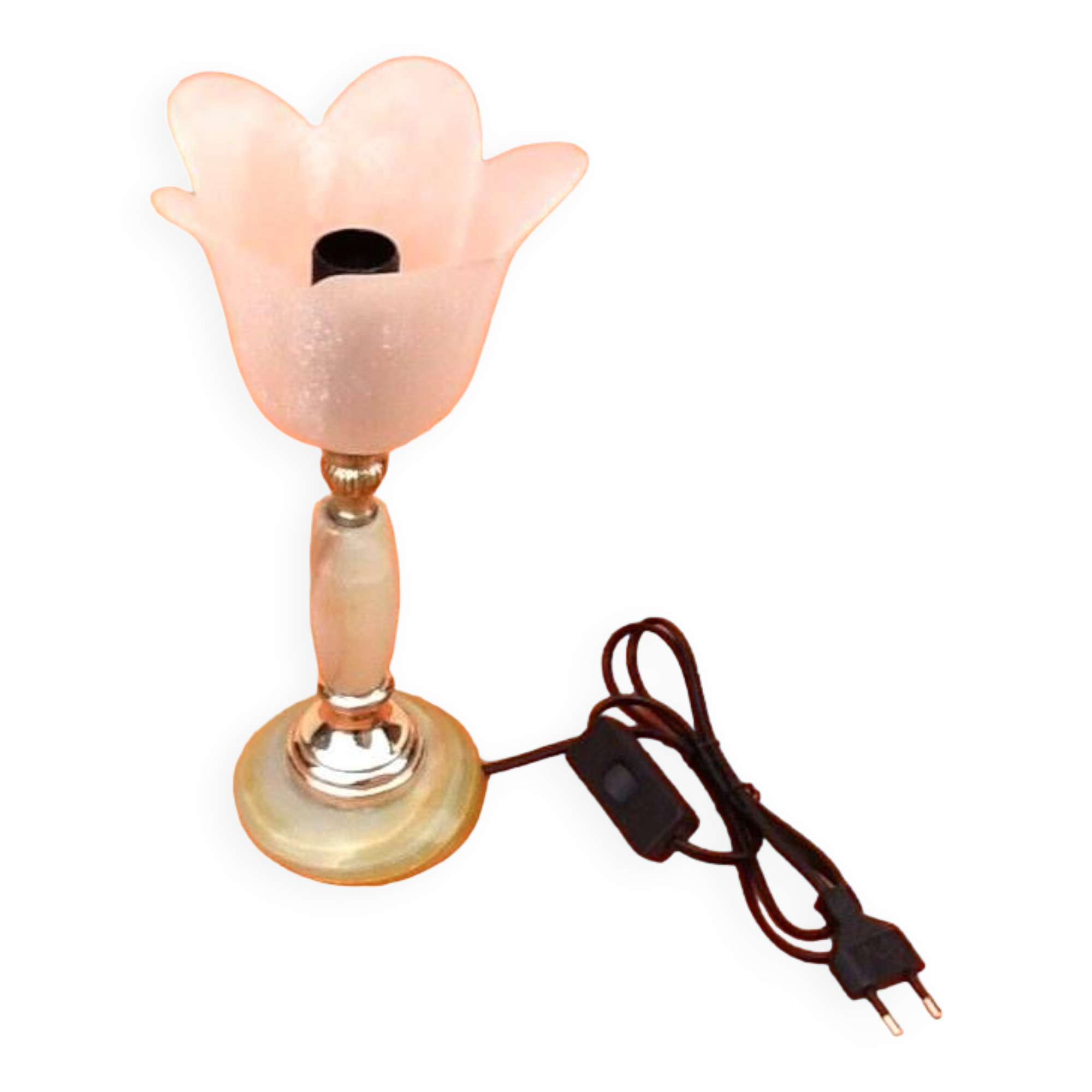 1970s Tulip table lamp Onyx stone and brass Tulip shaped lampshade