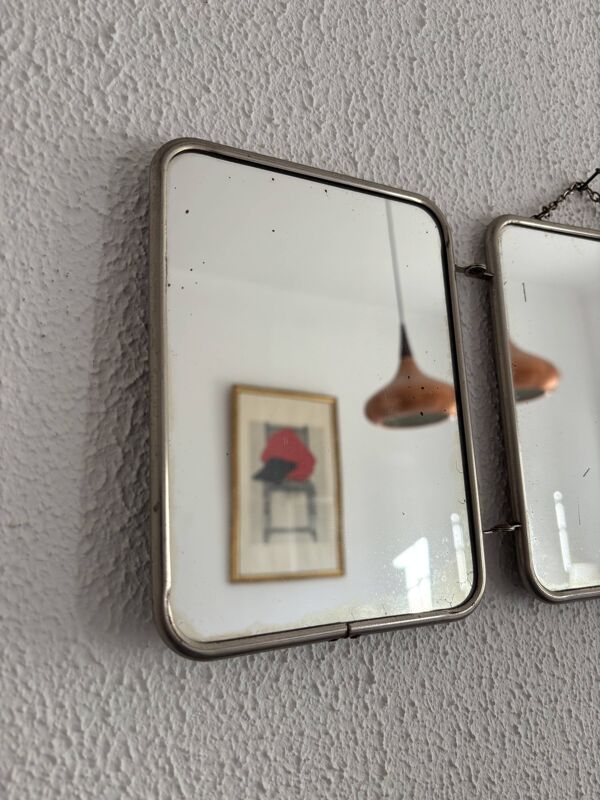 Miroir vintage 1960 triptyque barbier simili crocodile bleu barbeau - 20 x