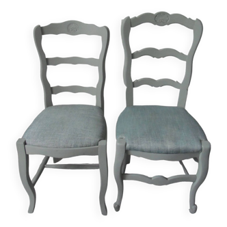 Duo of mismatched country-style chairs re-enchanted in verdigris, upholstered in a mottled fabric