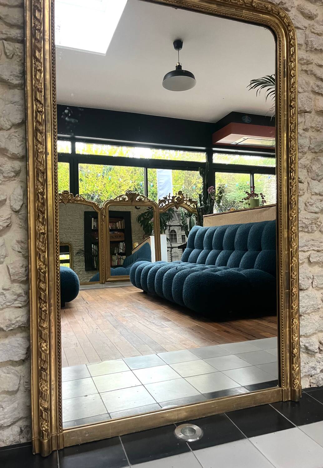 Antique Louis-Philippe fireplace mirror with pediment and beading, 174.5cm