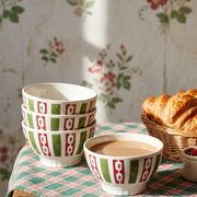 4 coffee bowls made of Badonviller earthenware, Art Deco decor from the vintage 1940s-1950s.