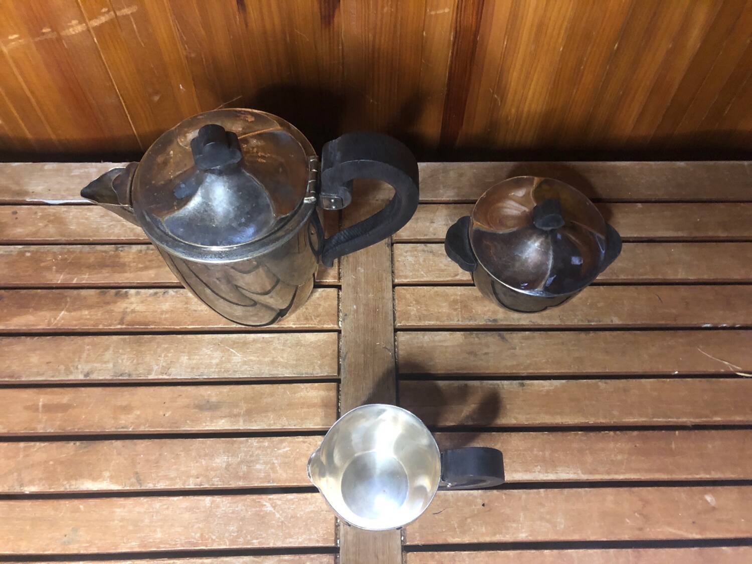 Old art deco coffee tea service silver metal & vintage black wood handles #a591