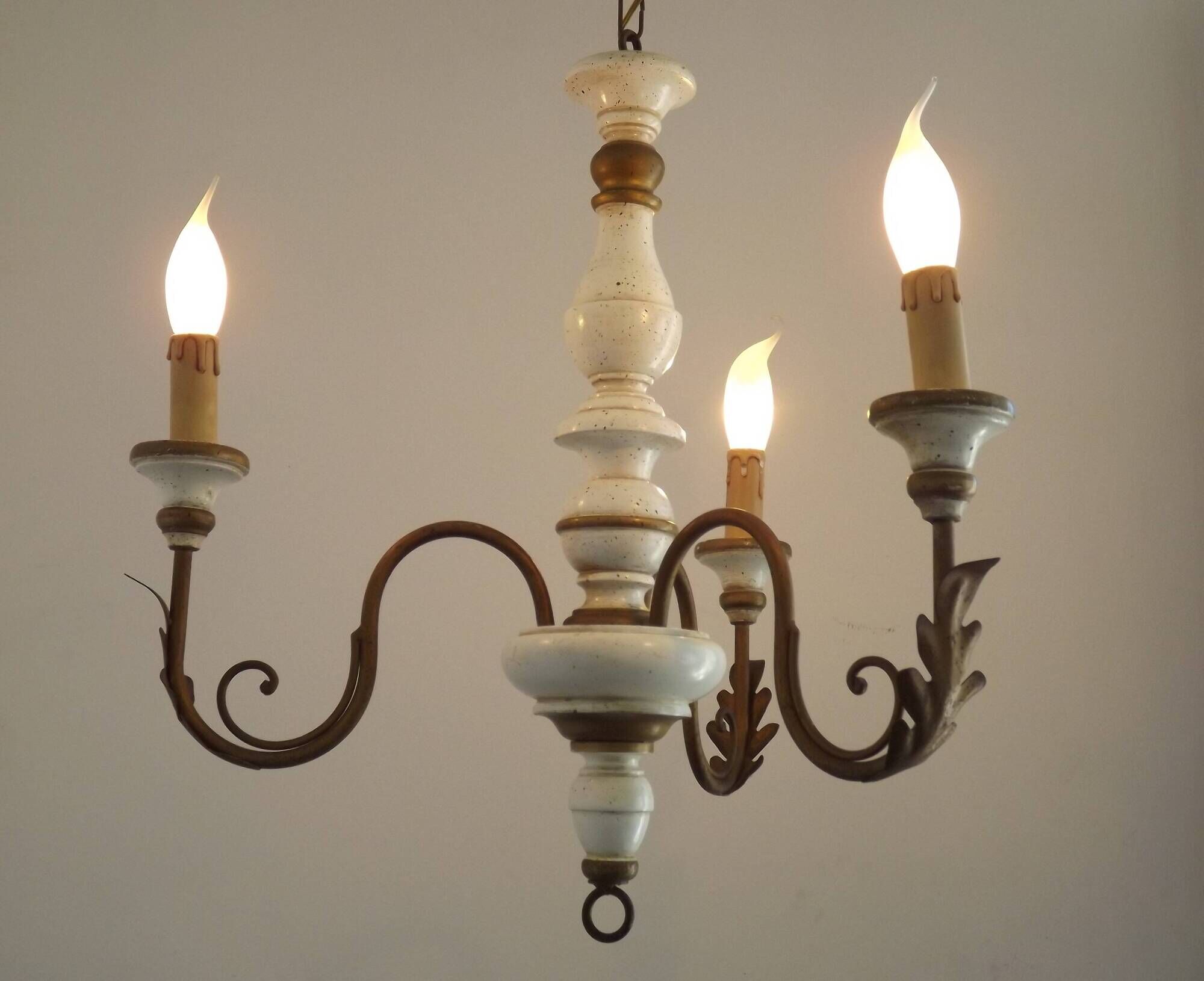 Vintage French 3-Light Chandelier White Wood & Bronzed Effect Metal