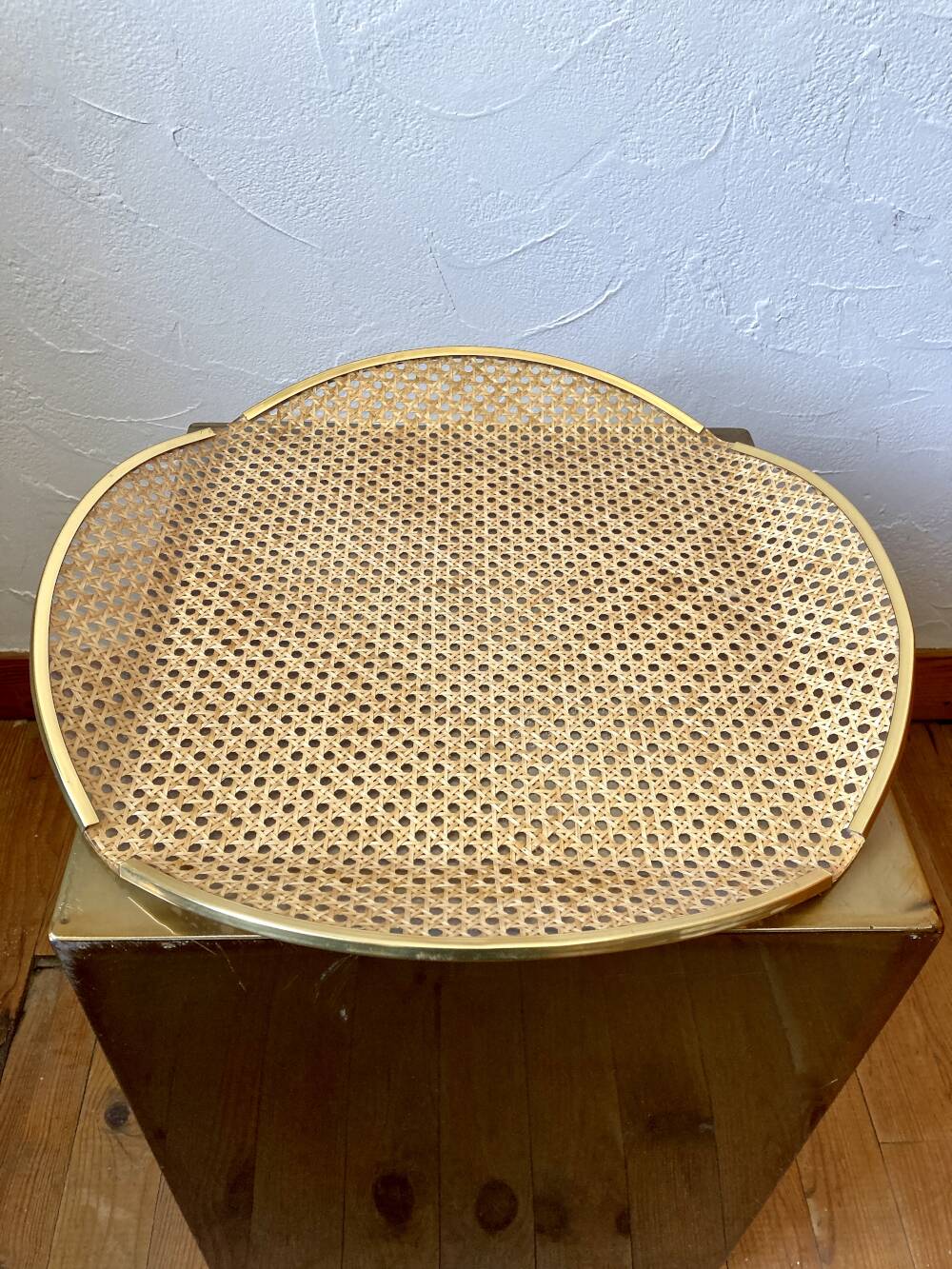 Acrylic glass plateau, caning & brass, 1970, attributed to Roche Bobois.