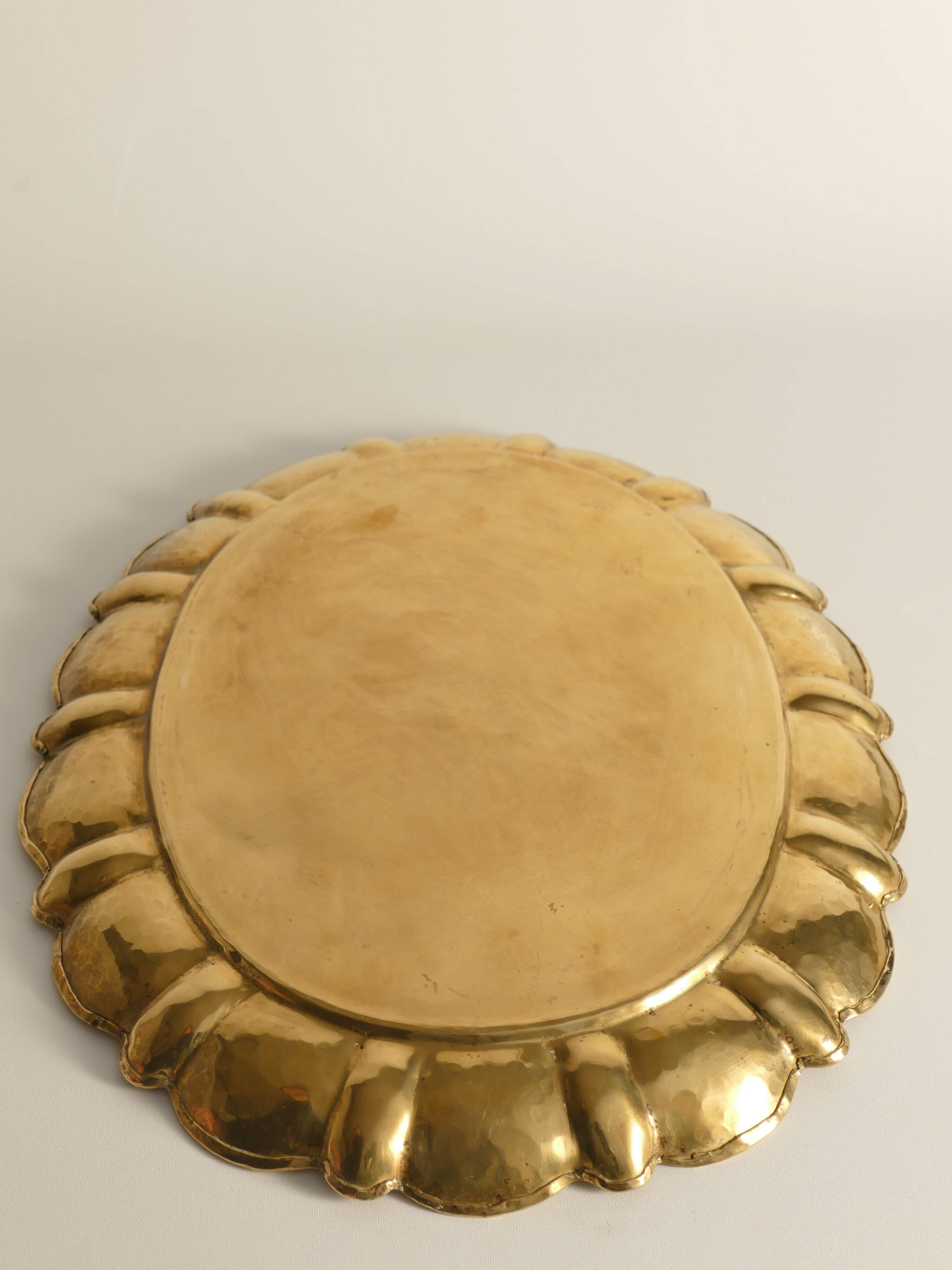 Hollywood Regency Large Oval Brass Tray by Firma Lars Holmström, Sweden 1940's