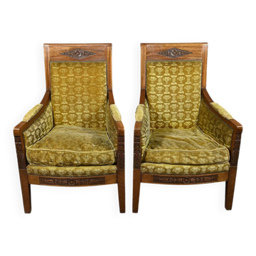 Paire de Fauteuils « Bergère » en Acajou, époque Empire – Début XIXe