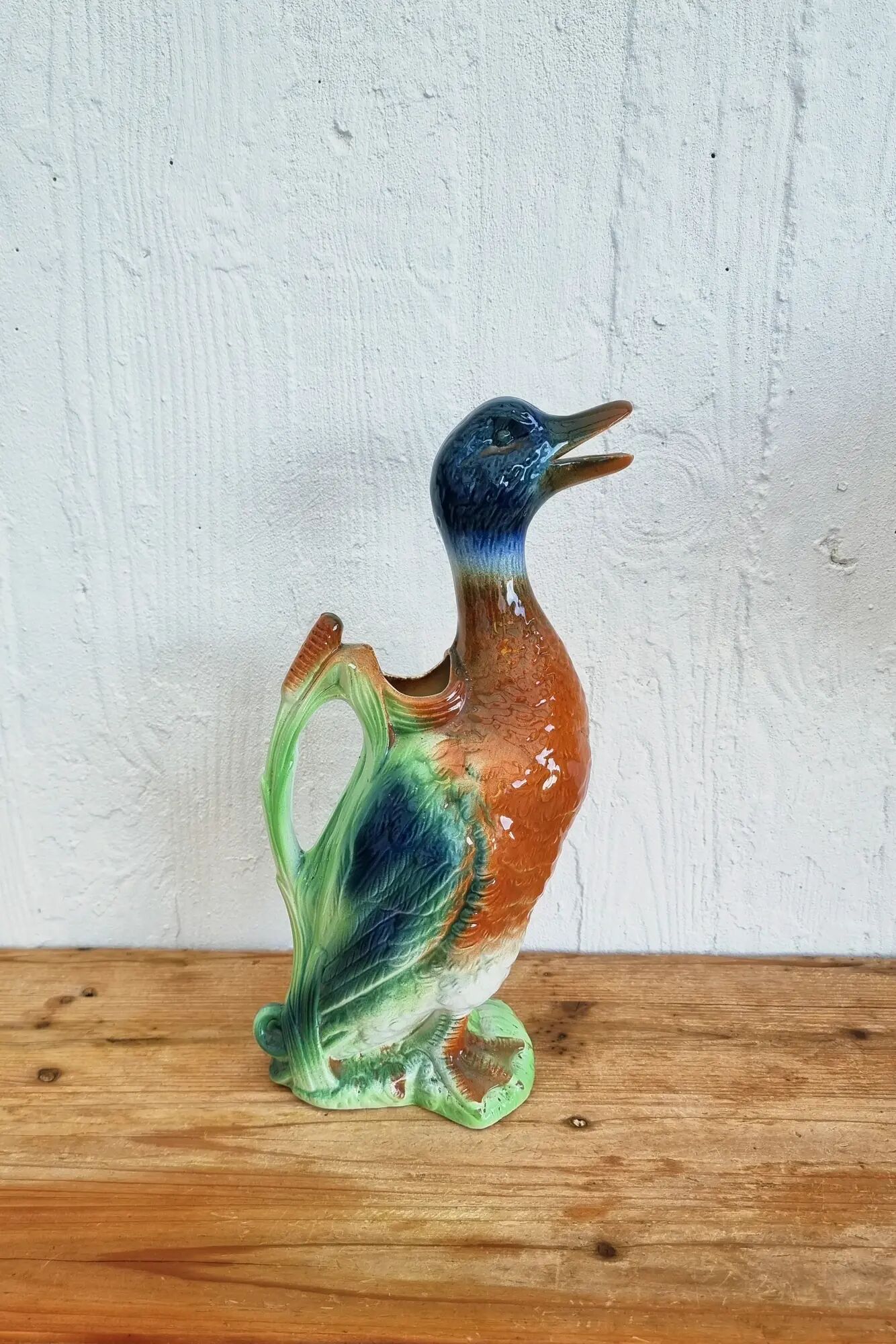 Vintage barbotine duck pitcher Saint Clément no. 7492
