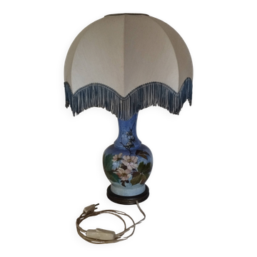 Antique table lamp in ceramic, blue floral pattern.