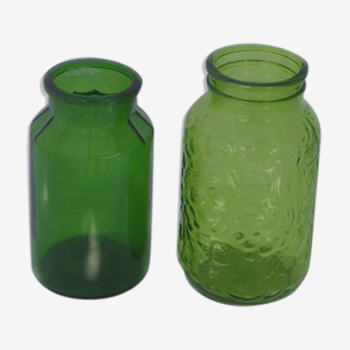 Lot de 2 bocaux en verre vert vintage 1970