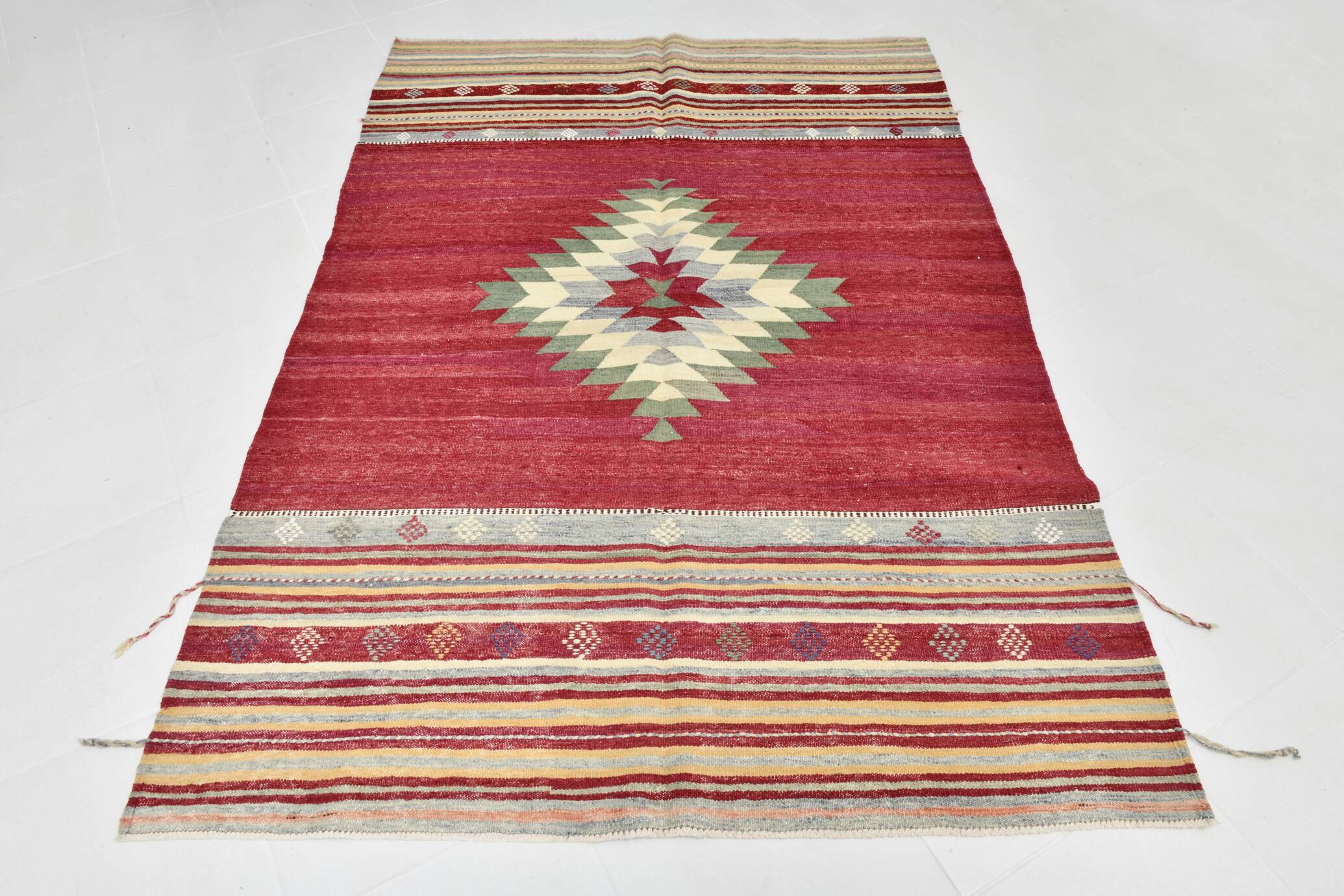 Wine Red & Green Turkish Kilim Rug, 156x224Cm