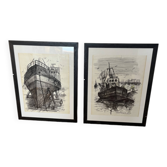 Dessins originaux vue de port signés