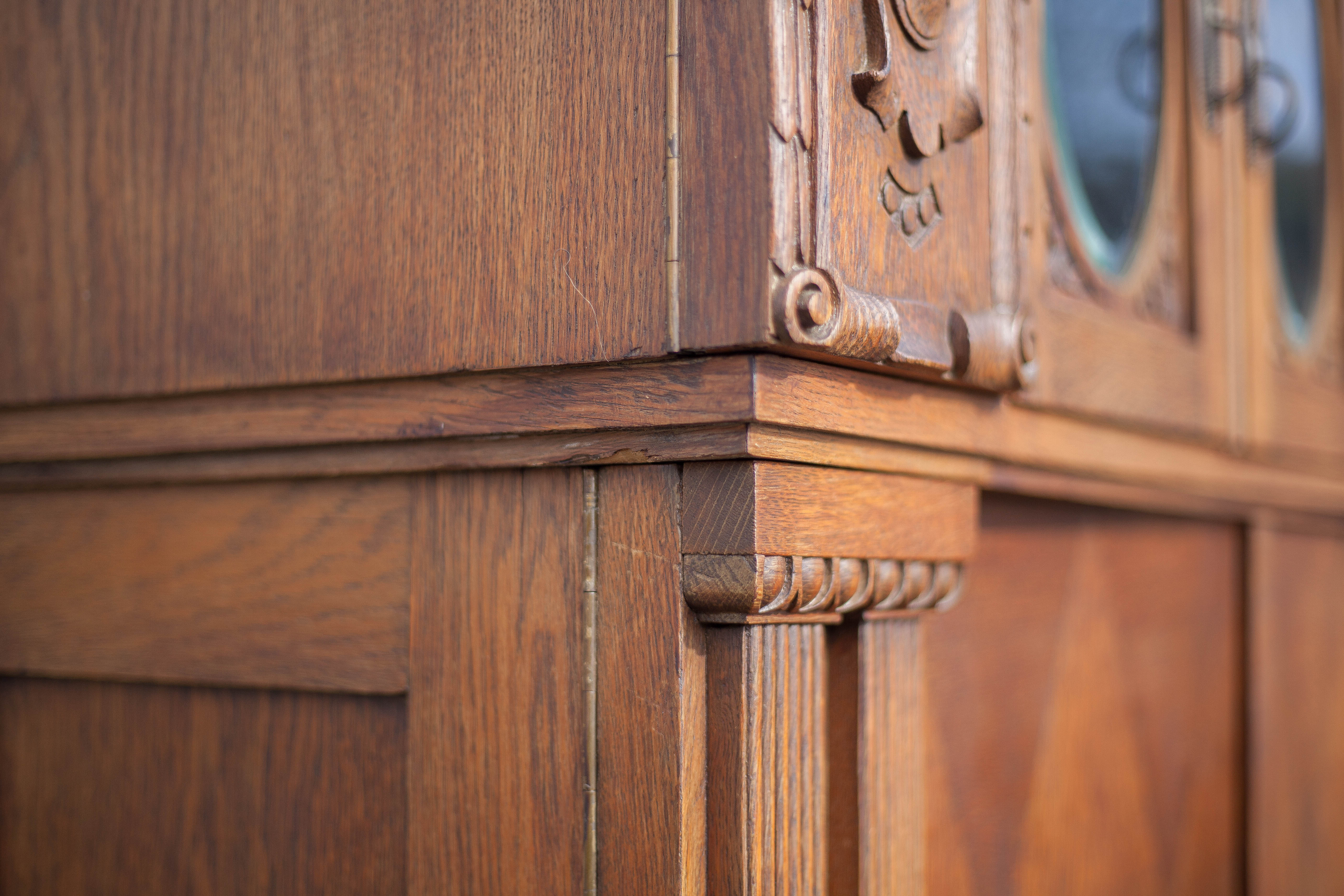 Bookcase carved wood 3 old doors, bookcase window beveled
