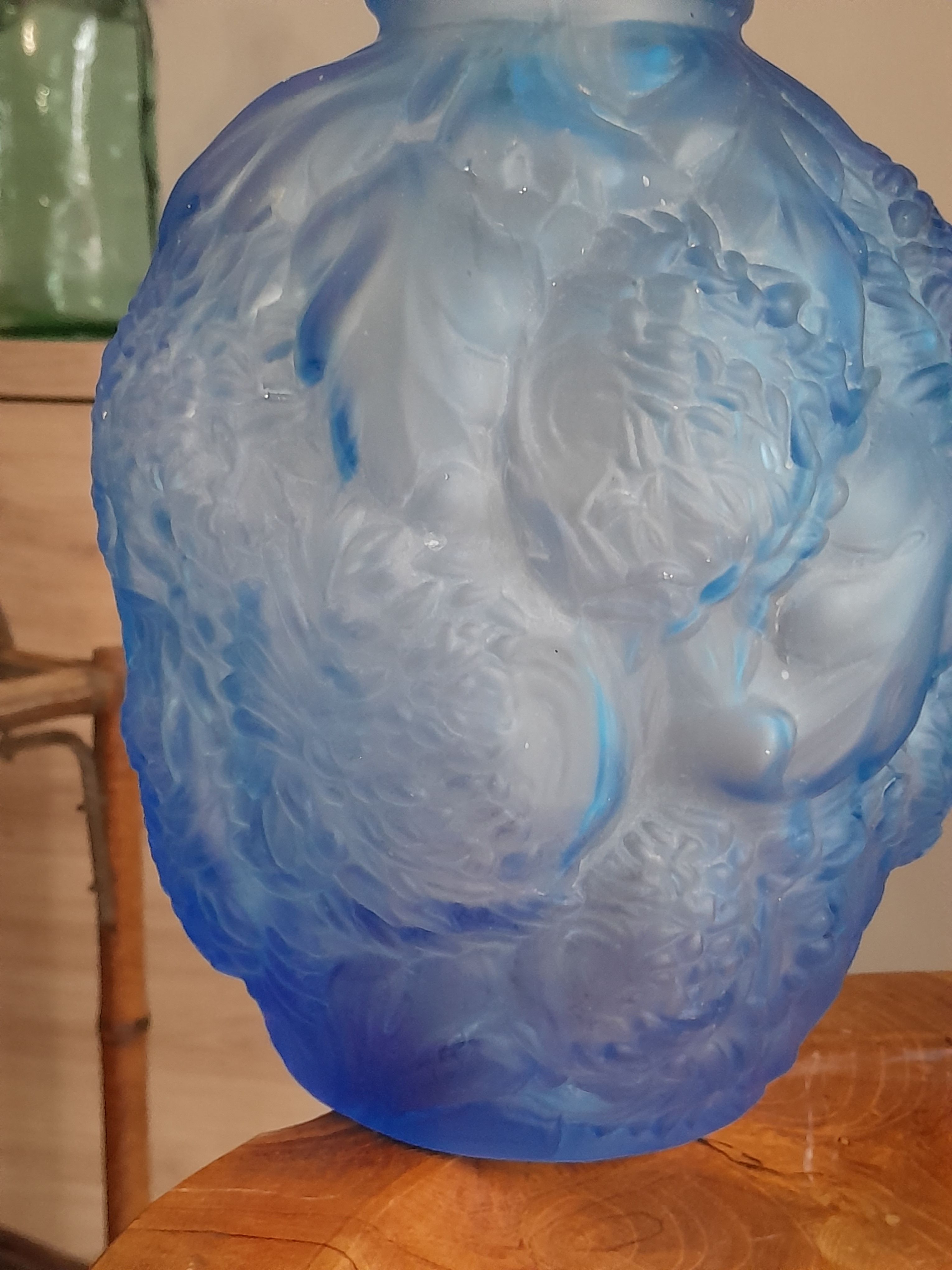 Pair of vases art deco glass blue pattern flower chrysanthemums