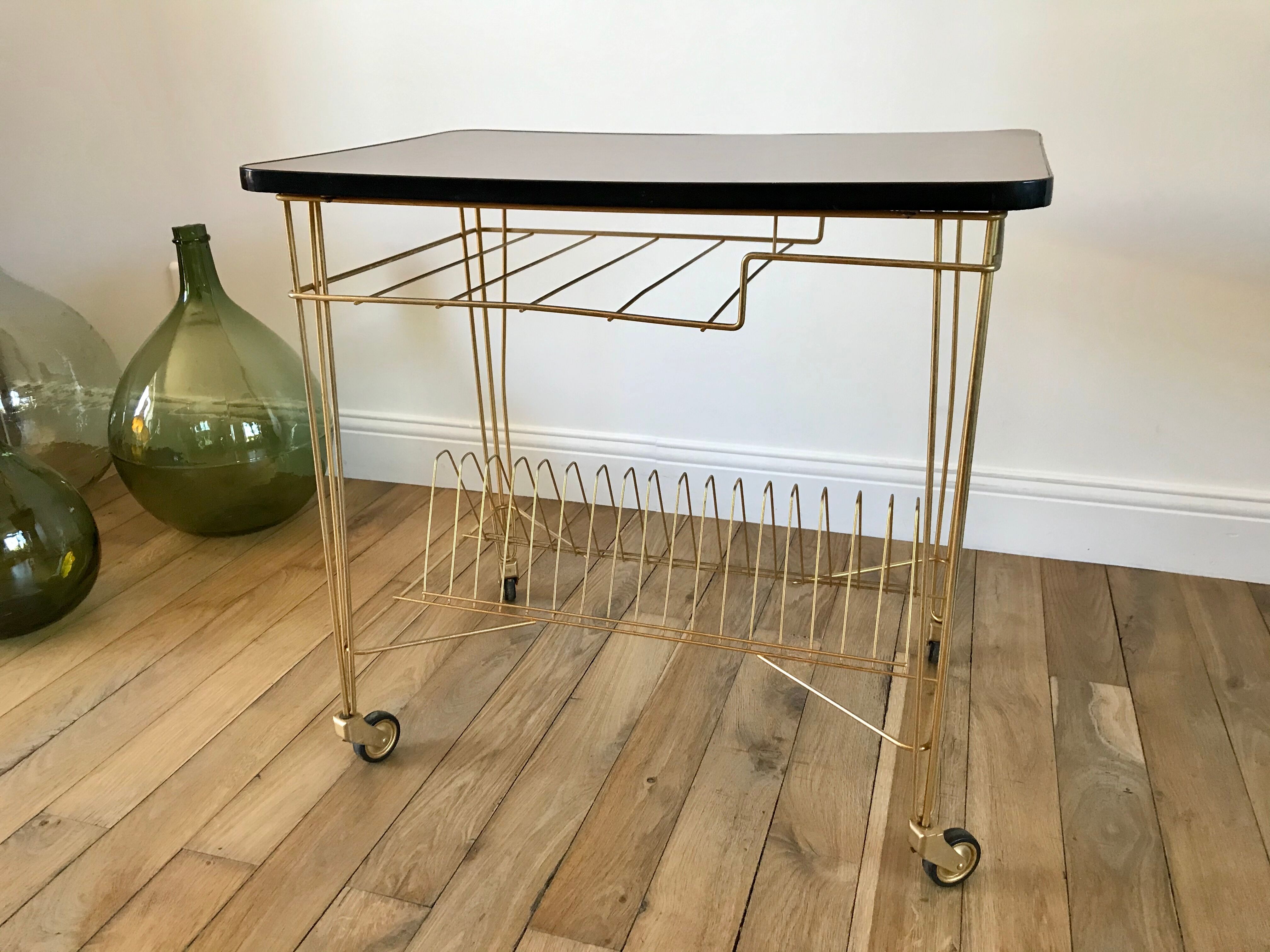 Rolling table vinyl row in formica and gold metal years 60-70