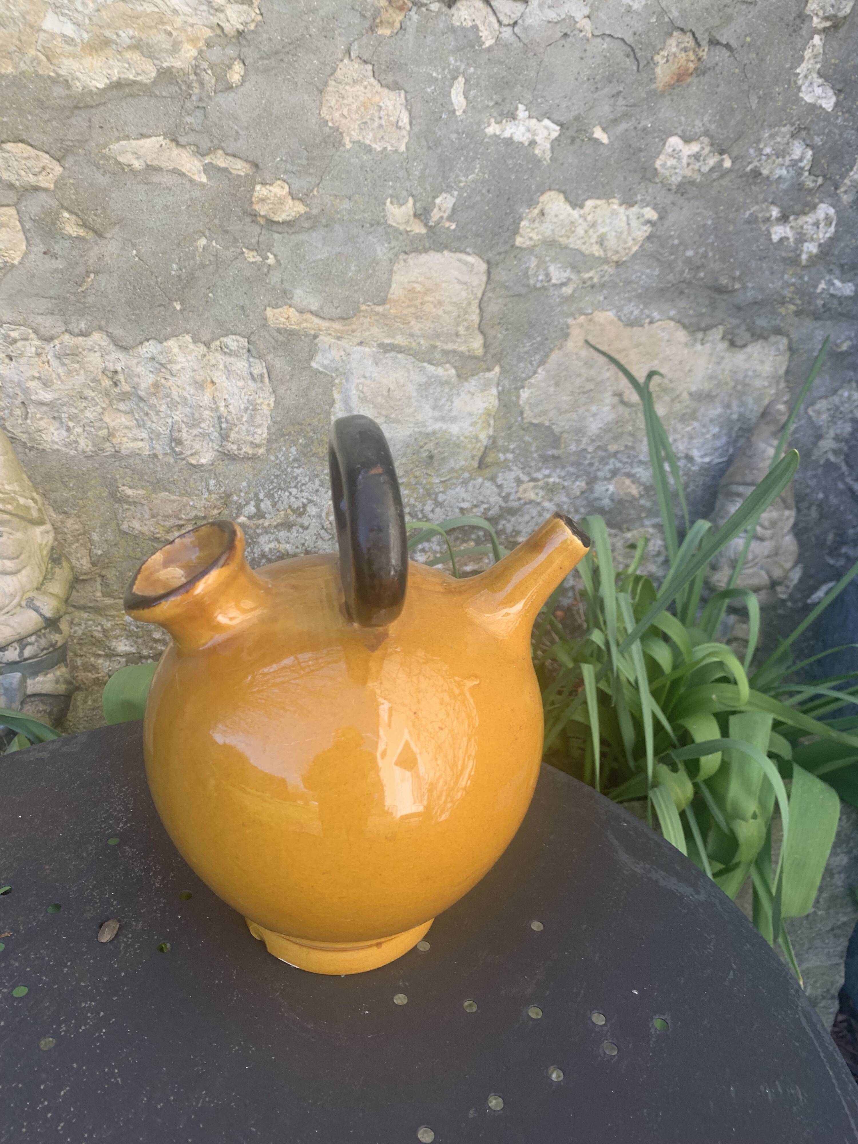 Gargoulette, Provençal jug in enamelled ceramic, vintage ochre color