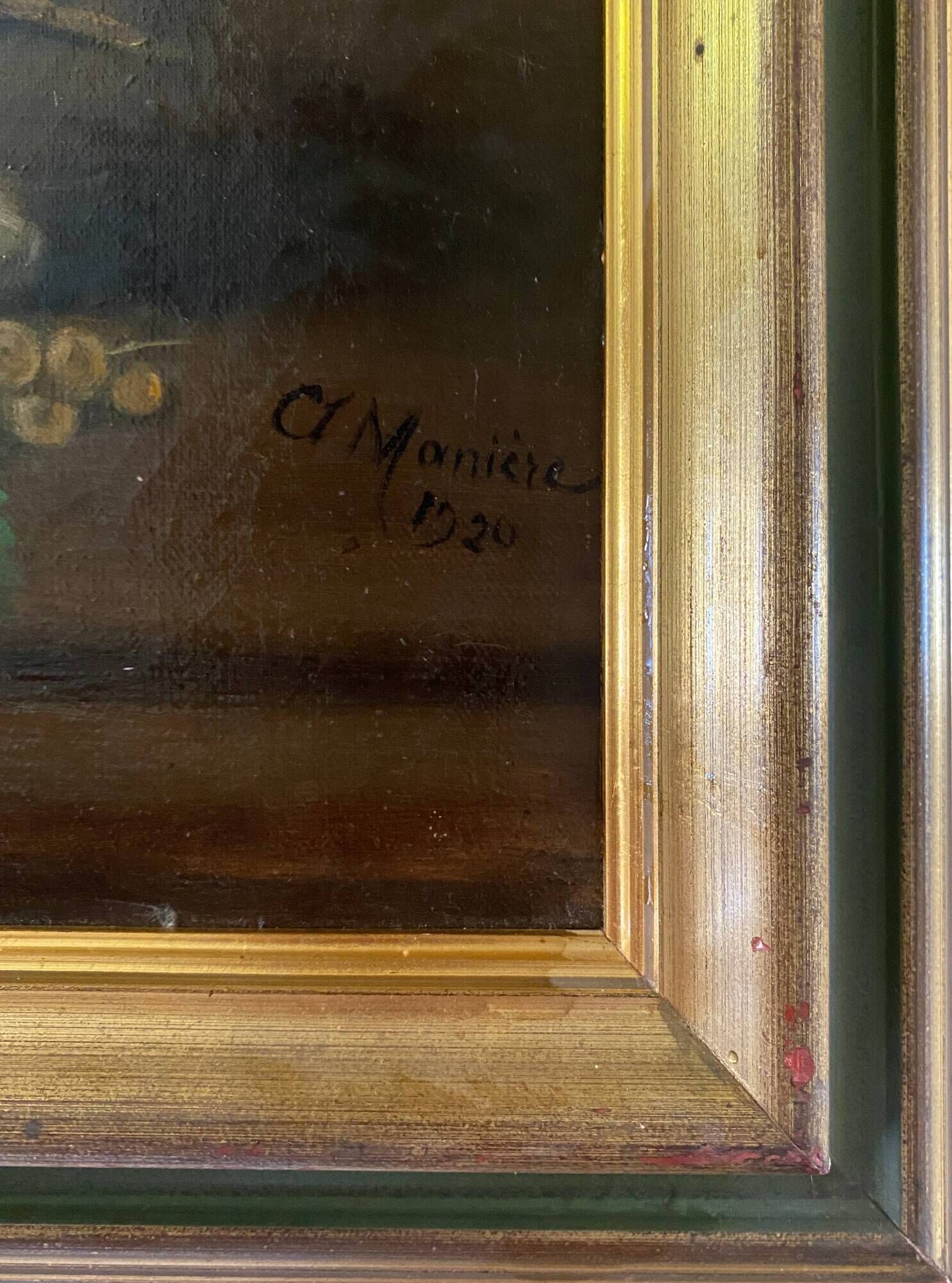 HST painting "Still life with roses and fruits" signed Maniere 1920