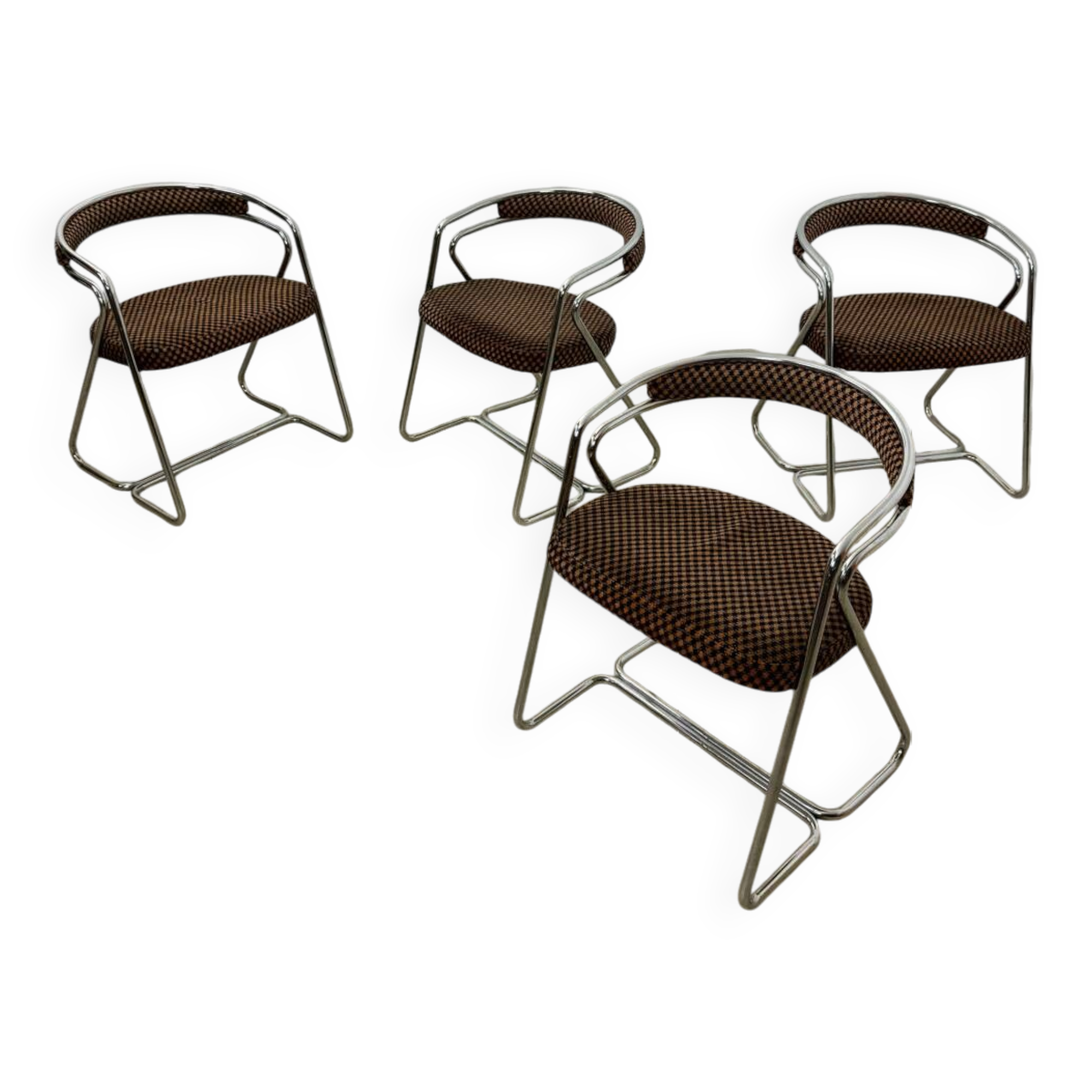 Set of 4 chrome tubular chairs Italian design from the 70s vintage fabric and metal