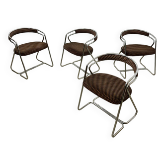 Set of 4 chrome tubular chairs Italian design from the 70s vintage fabric and metal