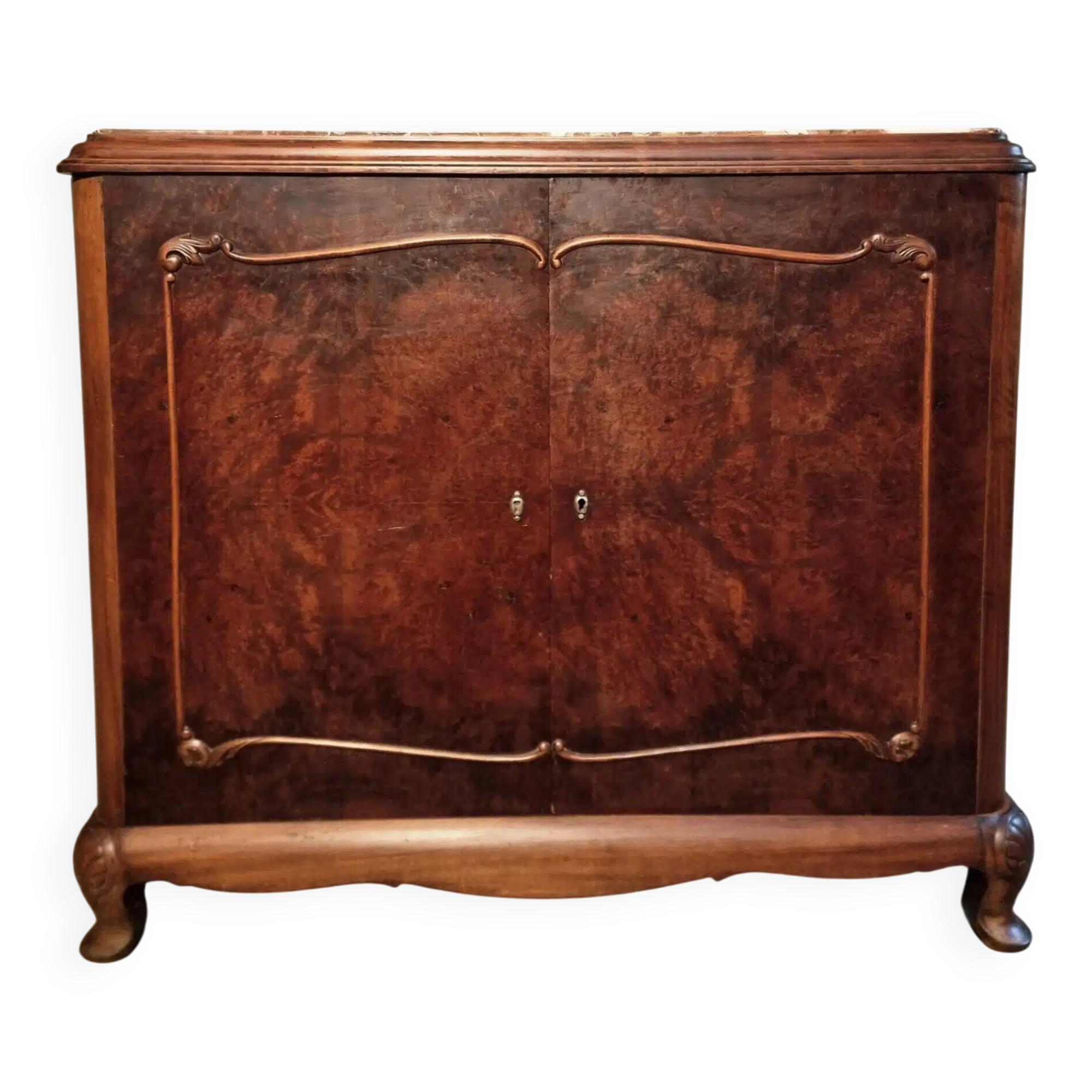 Buffet art déco français en noyer et acajou avec plateau en marbre, fin des années 1920