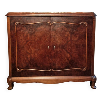 Buffet art déco français en noyer et acajou avec plateau en marbre, fin des années 1920