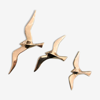 Series of 3 golden brass seagulls to hang