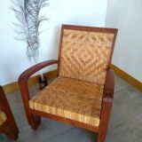 Pair of Art Deco woven rattan armchairs and table