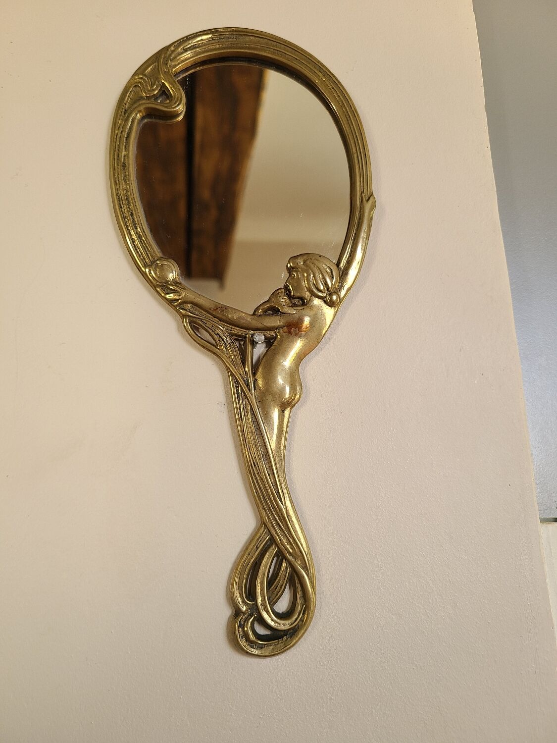 Old bronze mirror by hand, art deco woman's nude