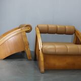 1970s Pair of Rare Oak Armchairs Upholstered in  Leatherette, Czechoslovaki