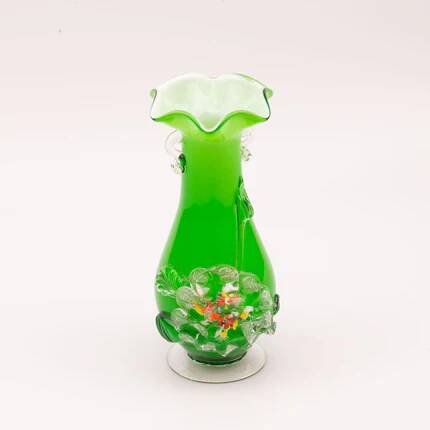 Excentric green blown glass vase with relief flowers Murano