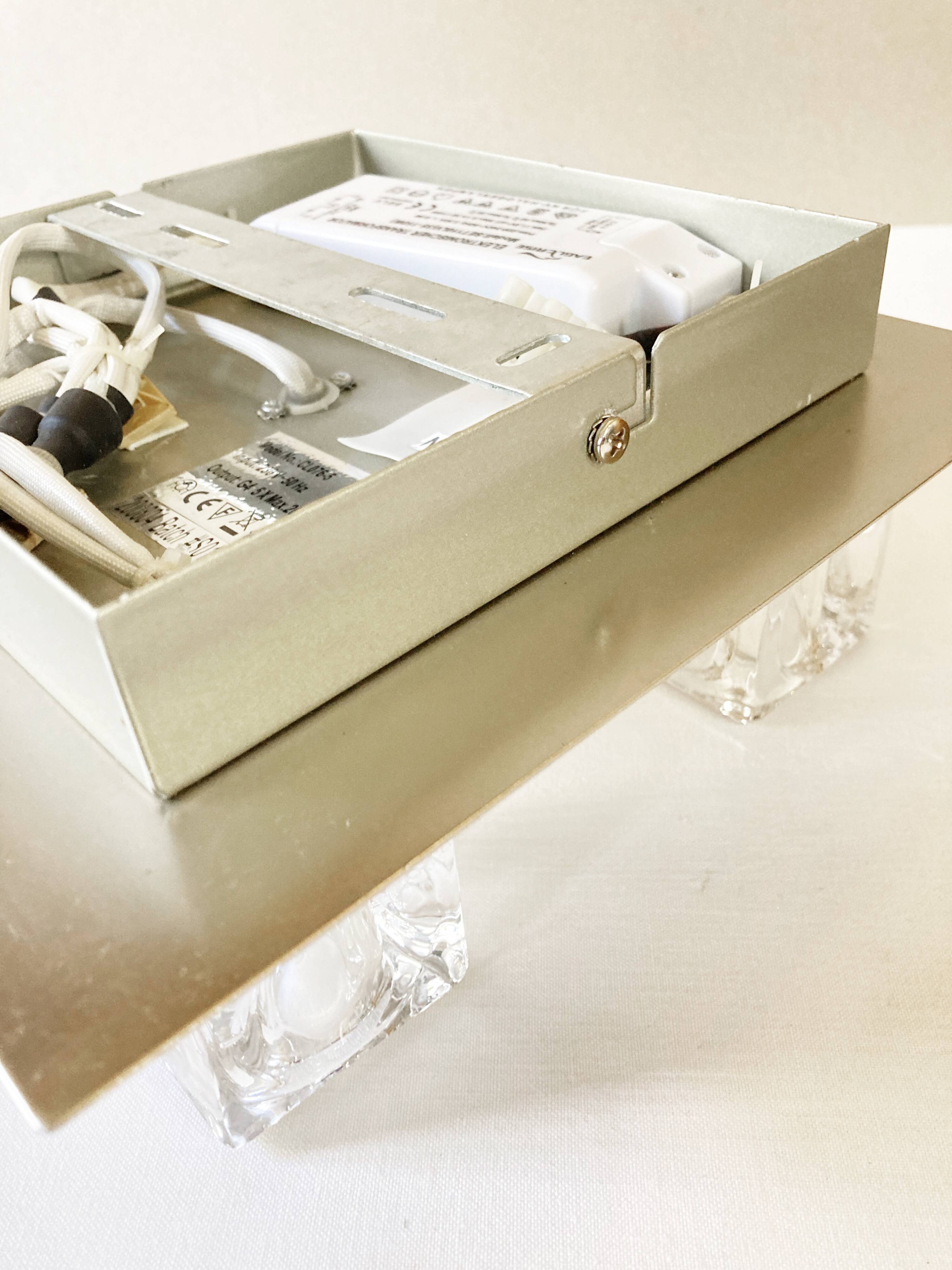 Brushed metal ceiling light and glass globes, 5 halogen candles