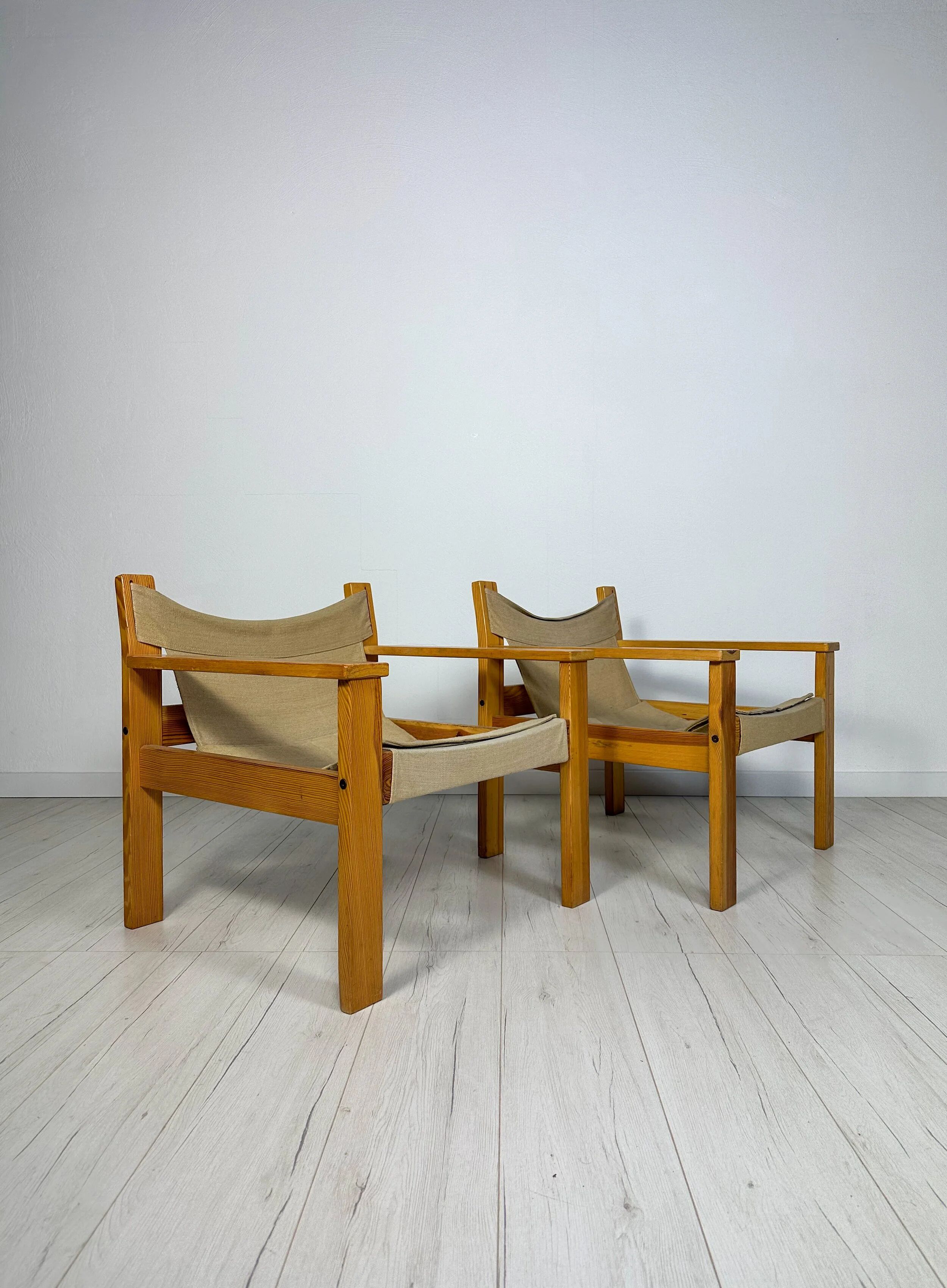 '70s set of 2 pine & canvas lounge chairs by Erik Wørts for IKEA
