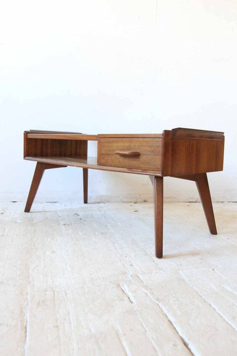 Table basse vintage G-Plan en teck marron années 1950, design mid-century, tiroir intégré