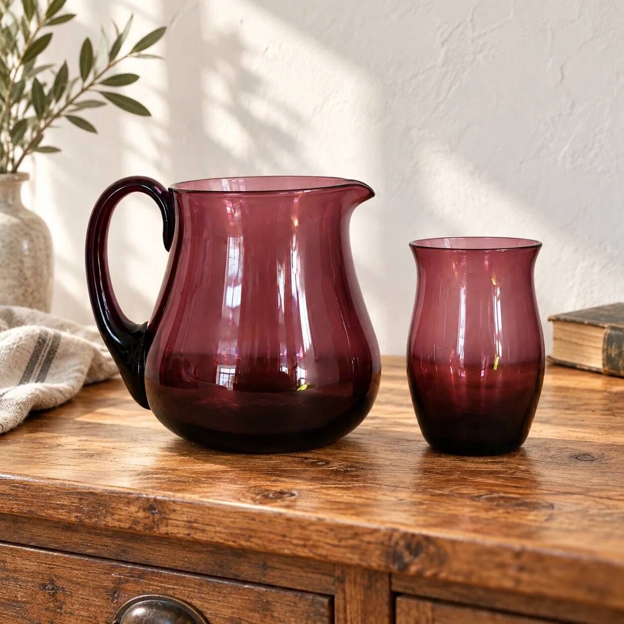 Vintage purple plum glass pitcher and glass – Retro set